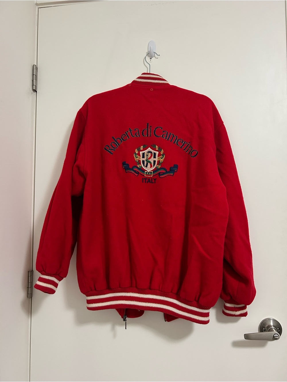 Roberta di Camerino Red Crest Embroidered Wool Varsity Jacket